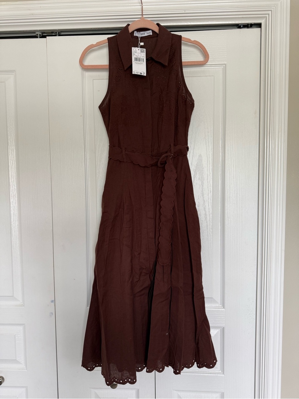 Mango Sleeveless Maxi Dress in Deep Brown with Scalloped Belt